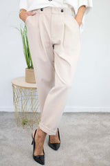 Bettie Two Button Scuba Trouser in Warm Beige