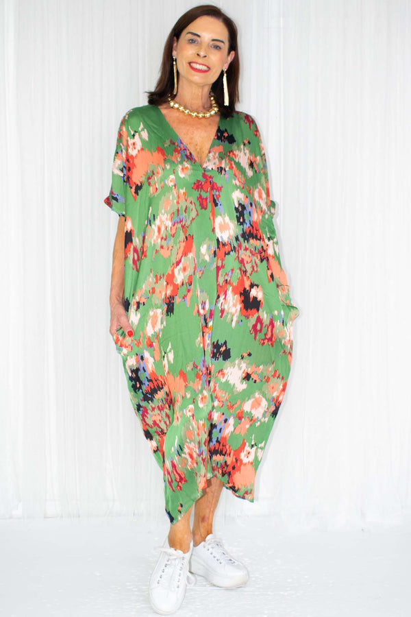 Bryony Batwing V-Neck Slouch Dress in Green Abstract