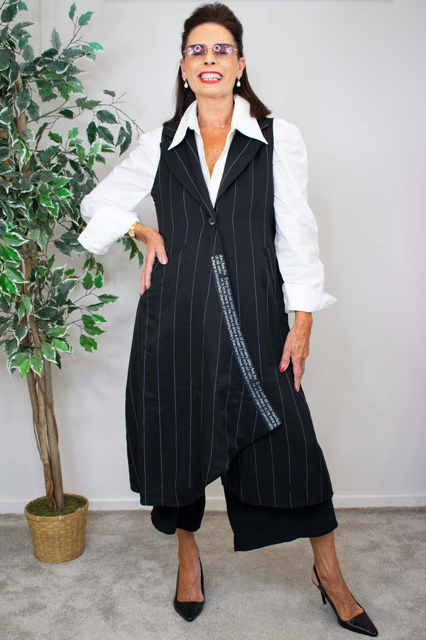 Camilla Pin Stripe Waistcoat in Black with Soft Blue stripe