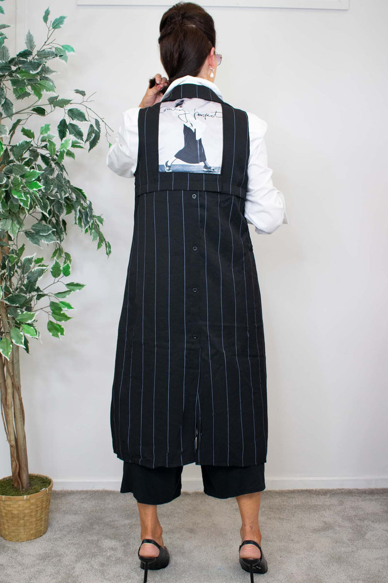 Camilla Pin Stripe Waistcoat in Black with Soft Blue stripe