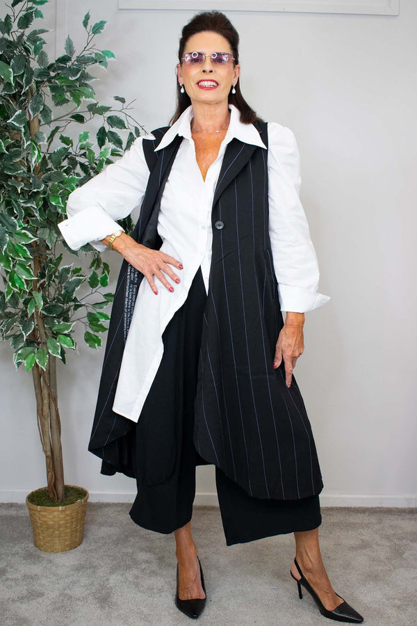 Camilla Pin Stripe Waistcoat in Black with Soft Blue stripe