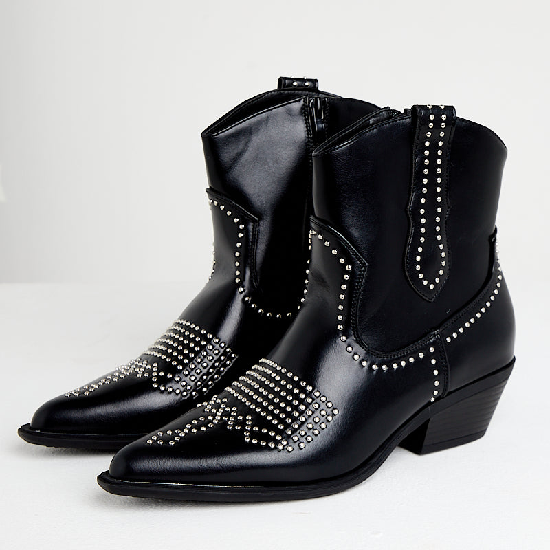 Studded Embellishments Ankle Boot in Black- 9368-38